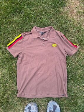Guess Brown Polo with Red & Yellow Shoulder Stripes